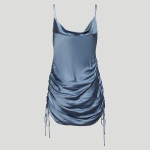 ARITZIA Wilfred Only Ruched French Romantic Satin Silk Slip Dress in Slate Blue
